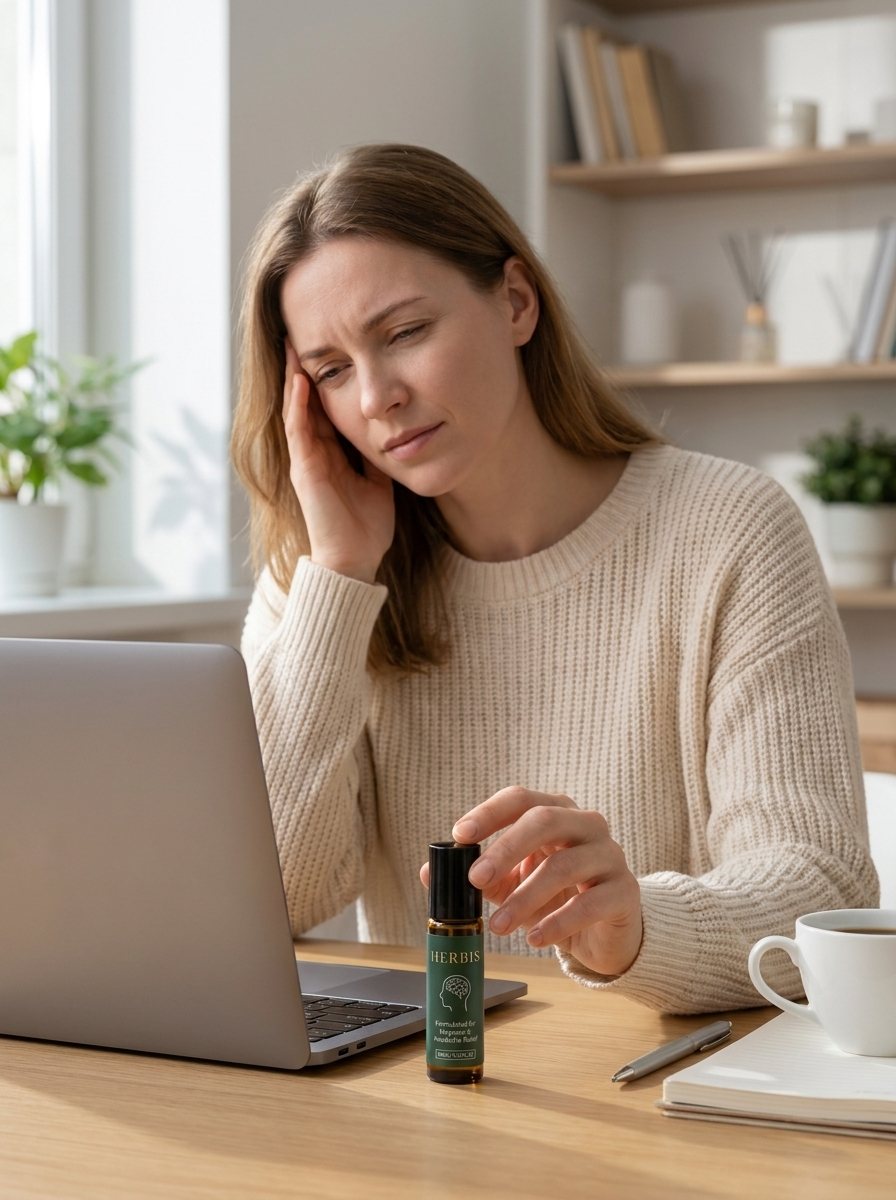 Woman keeping HERBIS close while working at her desk