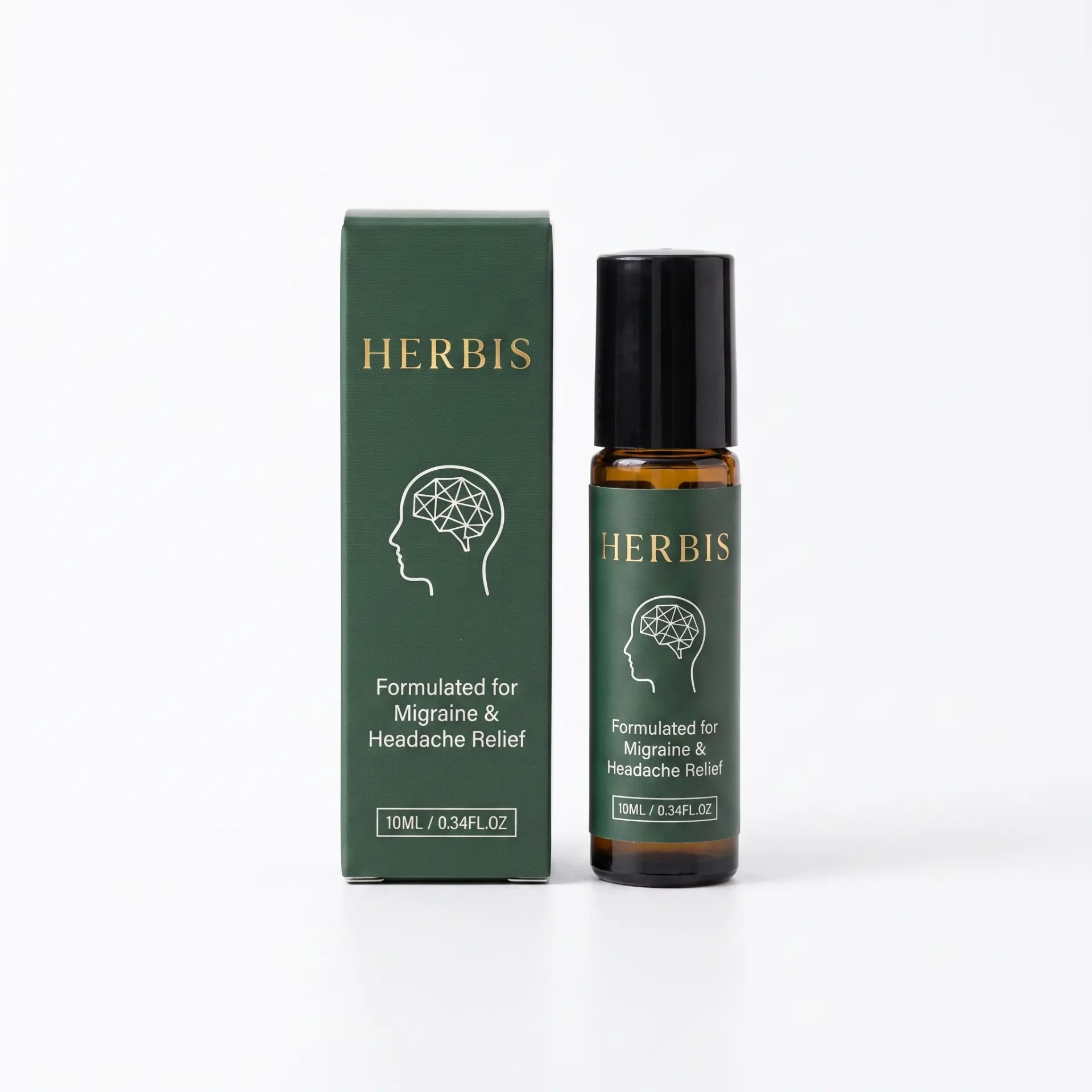 HERBIS Migraine Relief Roll-On in a 10ml amber bottle