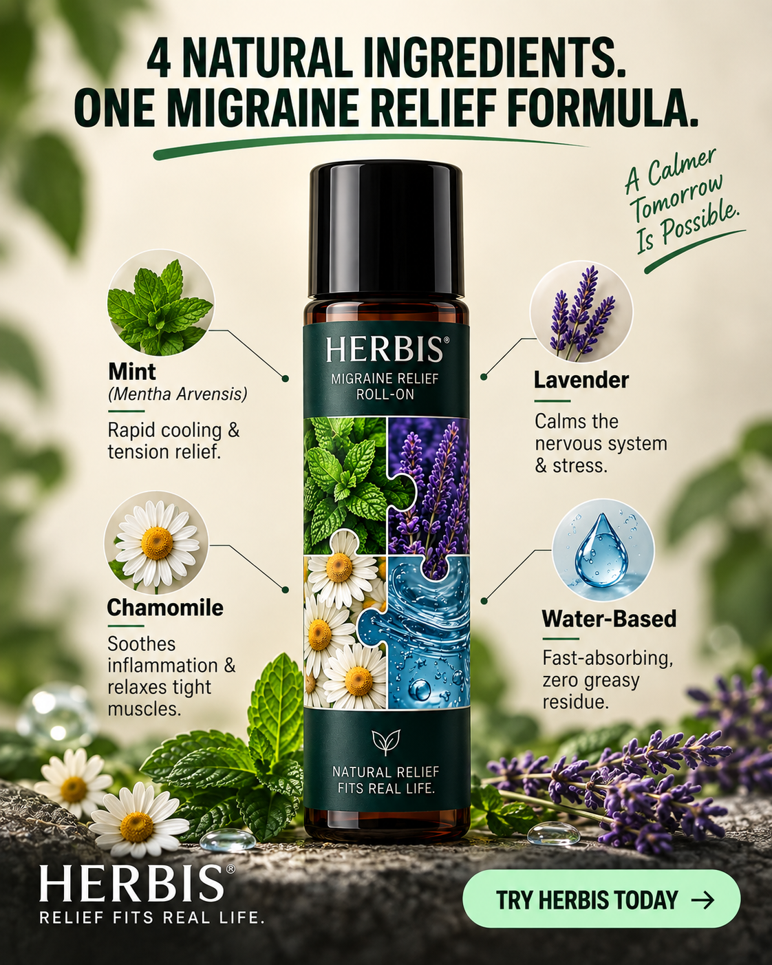 HERBIS roll-on shown with mint, lavender, chamomile and water-based formula details
