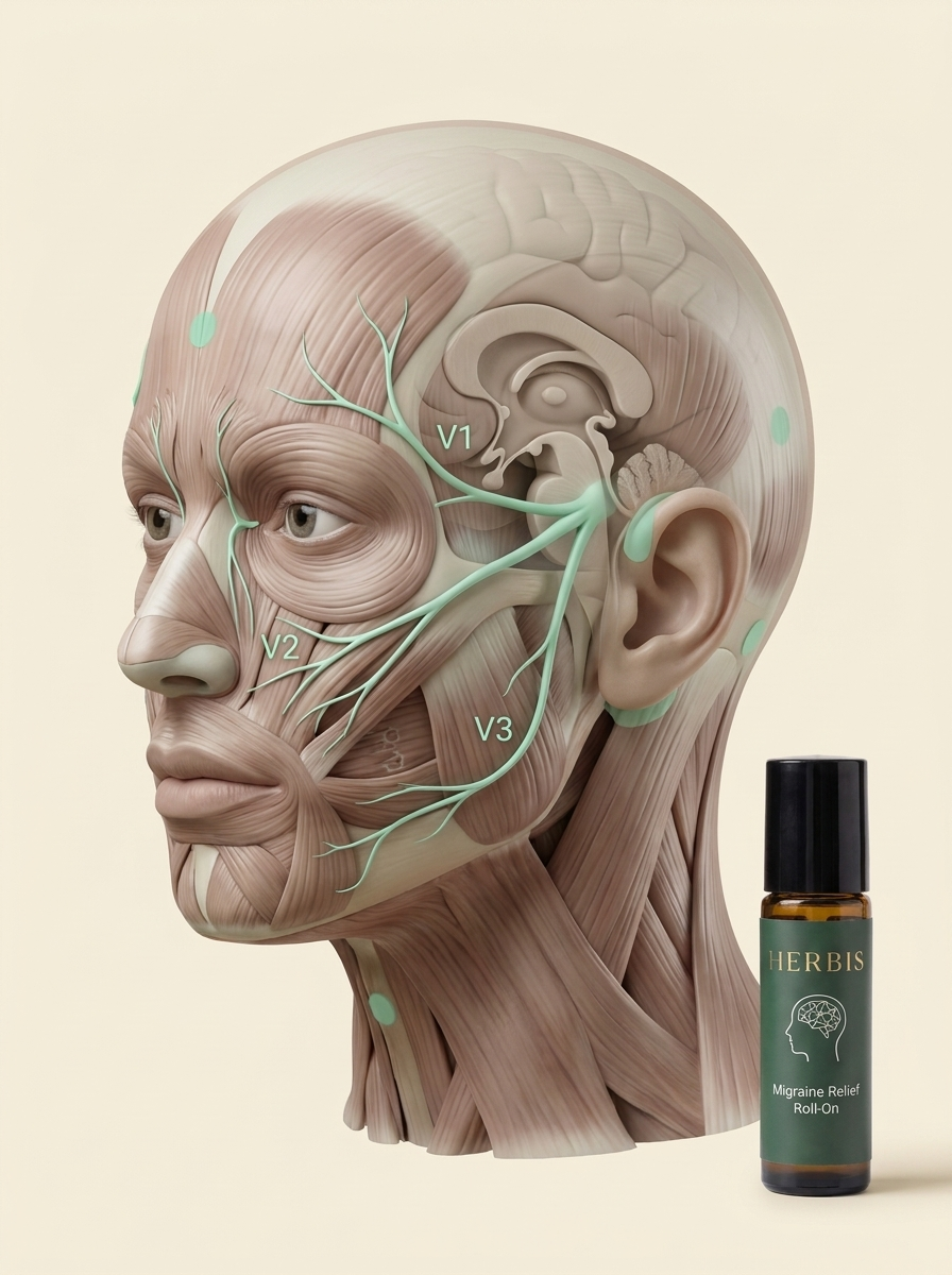 Illustration of facial nerve pathways beside a HERBIS roll-on bottle