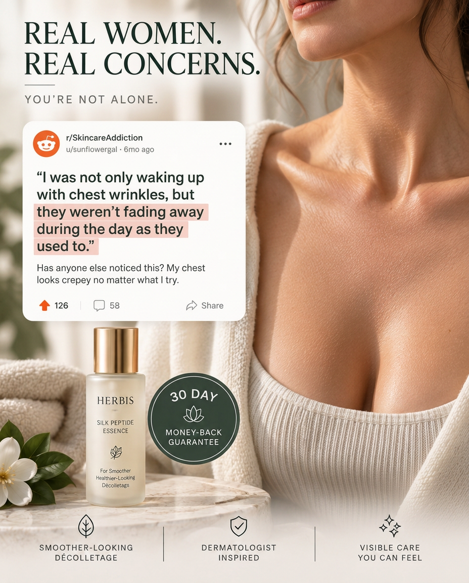 Editorial community quote about persistent chest wrinkles alongside HERBIS Silk Peptide Essence